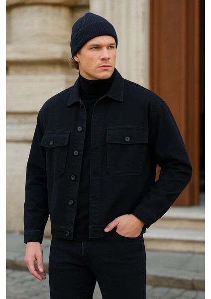 Erkek Büyük Göğüs Cepli Oversize Siyah Kot Ceket