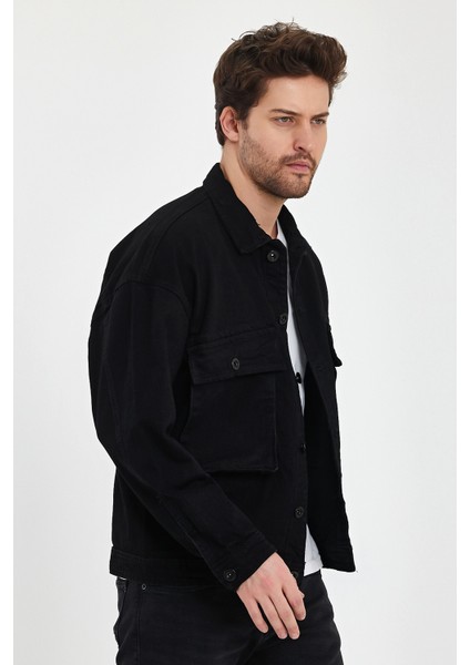 Erkek Büyük Göğüs Cepli Oversize Siyah Kot Ceket