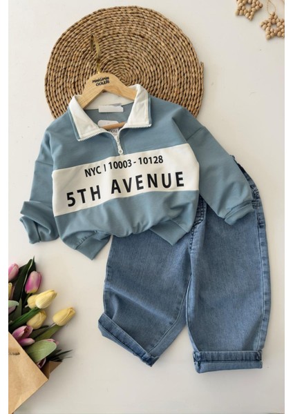 5th Avenue Baskılı Fermuarlı Sweatshirt ve Kot Pantolon 2’li Erkek çocuk takım - Mavi