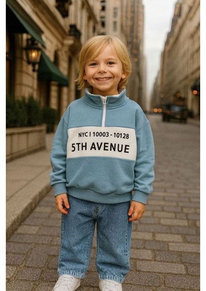 5th Avenue Baskılı Fermuarlı Sweatshirt ve Kot Pantolon 2’li Erkek çocuk takım - Mavi fiyatları