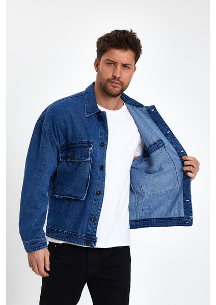 Erkek Büyük Göğüs Cepli Oversize Mavi Kot Ceket fırsatları