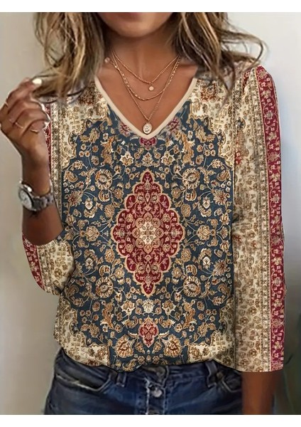 Kadın Truvakarkollu V Yakalı Etnik Desenli Süprem Bluz modelleri