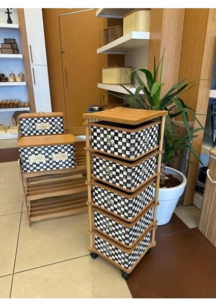 Ahşap Kare Sebzelik 5 Katlı Yana Açılır Damalı Patates Soğan Tekerlekli Sebzelik