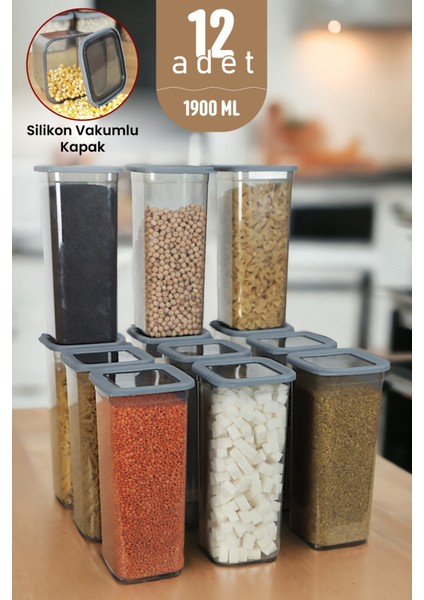 İronika Jumbo Boy Kaşıklı Kapaklı Erzak Bakliyat Saklama Kabı Kare Saklama Kutusu Seti 12 Adet 1900 ML