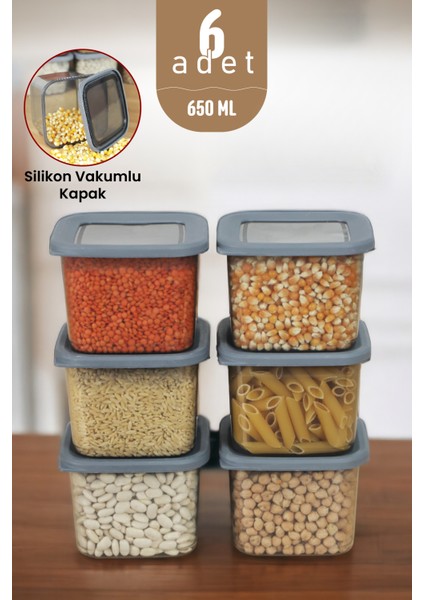 İronika Kaşıklı Kapaklı Erzak Bakliyat Saklama Kabı Kare Saklama Kutusu Seti 6 Adet 650 ML
