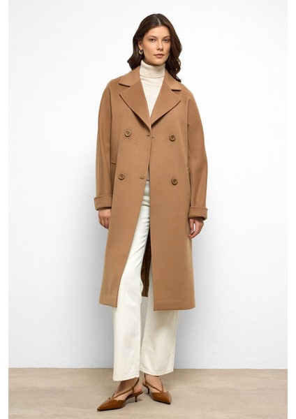 Yarasa Kol Punto Dikiş Detaylı Kaşmir Kaban Kamel 3101