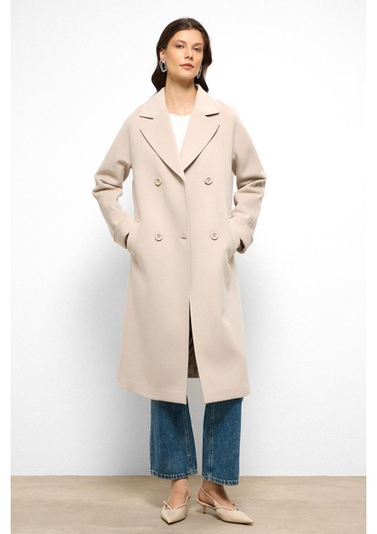 Yarasa Kol Punto Dikiş Detaylı Kaşmir Kaban Açık Bej 3101