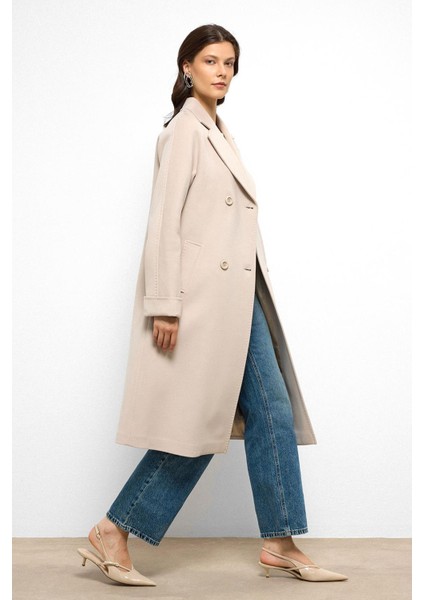 Yarasa Kol Punto Dikiş Detaylı Kaşmir Kaban Açık Bej 3101 fiyatları