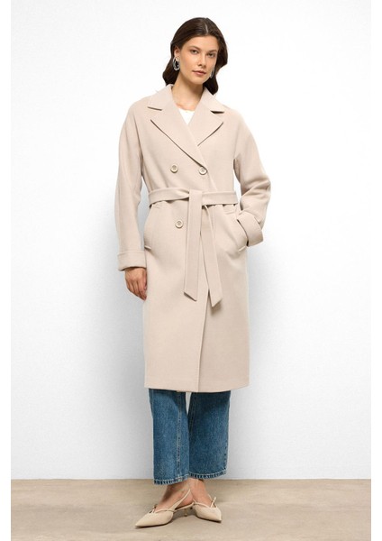 Yarasa Kol Punto Dikiş Detaylı Kaşmir Kaban Açık Bej 3101 indirimleri