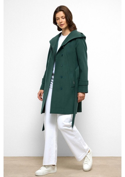 Kapüşonlu Punto Dikiş Detaylı Kaban Yeşil 3102