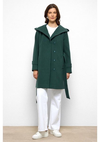 Kapüşonlu Punto Dikiş Detaylı Kaban Yeşil 3102 fiyatları