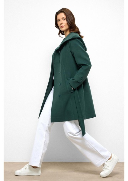 Kapüşonlu Punto Dikiş Detaylı Kaban Yeşil 3102 fırsatları