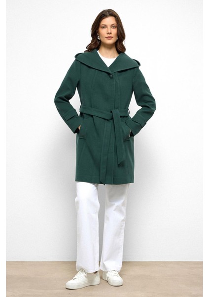 Kapüşonlu Punto Dikiş Detaylı Kaban Yeşil 3102 indirimleri