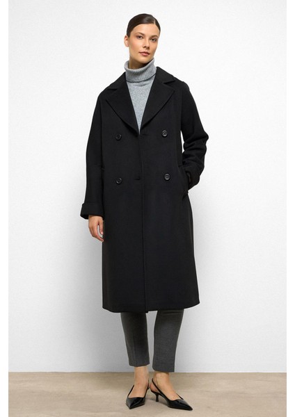 Yarasa Kol Punto Dikiş Detaylı Kaşmir Kaban Siyah 3101