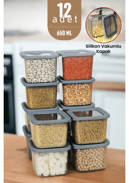 İronika Kaşıklı Kapaklı Erzak Bakliyat Saklama Kabı Kare Saklama Kutusu Seti 12 Adet 650 ML