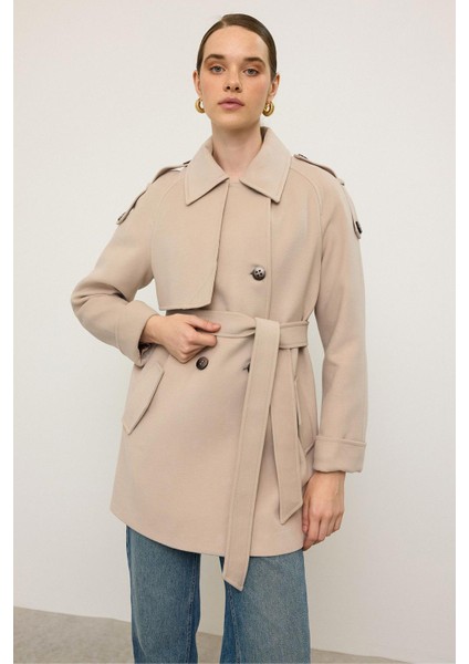 Reglan Kol Apolet ve Pelerin Detaylı Kaşmir Kaban Açık Bej 3131 fiyatları