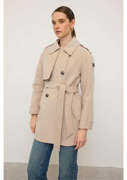 Reglan Kol Apolet ve Pelerin Detaylı Kaşmir Kaban Açık Bej 3131 indirimleri