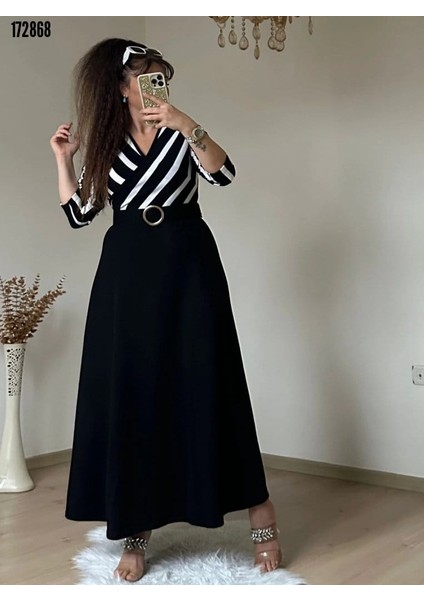 Kadın Çizgi Detay Kruvaze Yaka Maxi Boy Triko Elbise Son Görsel Hediye