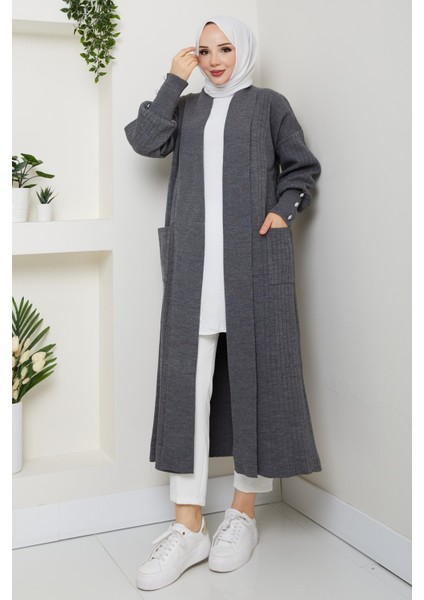 Kadın Kolu Düğmeli Şal Yaka Çelik Örgü Triko Hırka -PMK448