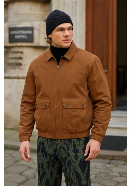 Erkek Fermuarlı Basic Cepli Kahve Bol Kot Ceket