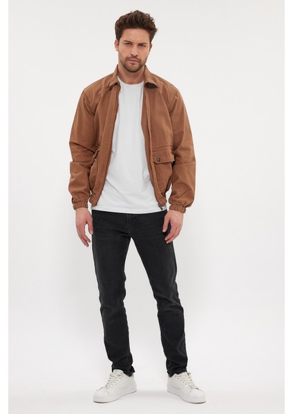 Erkek Fermuarlı Basic Cepli Kahve Bol Kot Ceket