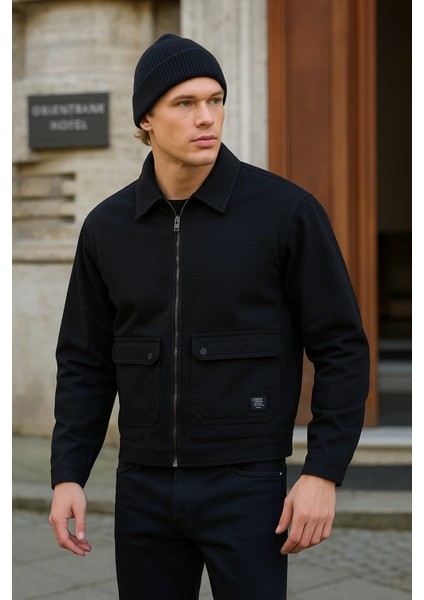 Erkek Fermuarlı Basic Cepli Siyah Bol Kot Ceket