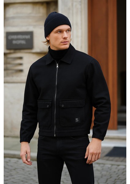 Erkek Fermuarlı Basic Cepli Siyah Bol Kot Ceket fiyatları