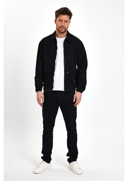Erkek Fermuarlı Basic Cepli Siyah Bol Kot Ceket indirimleri