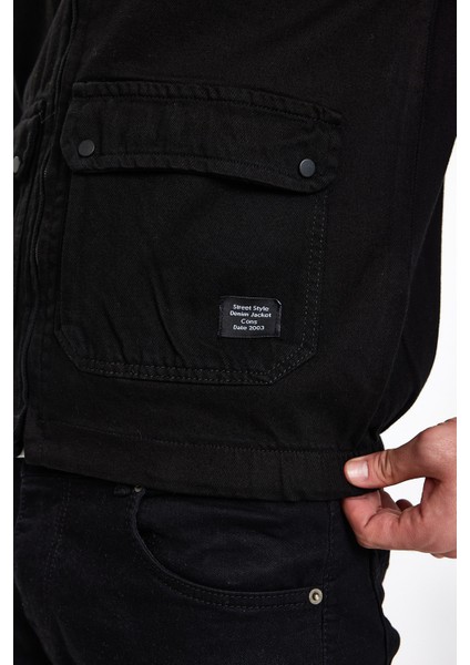 Erkek Fermuarlı Basic Cepli Siyah Bol Kot Ceket