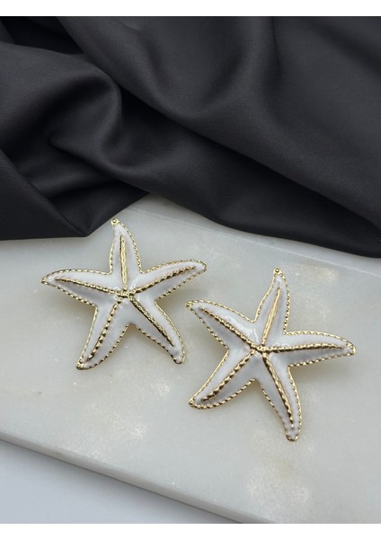 Gold Altın Detaylı Beyaz Mineli Deniz Yıldızı Konseptli Yazlık Tasarım Kadın Küpe fiyatları