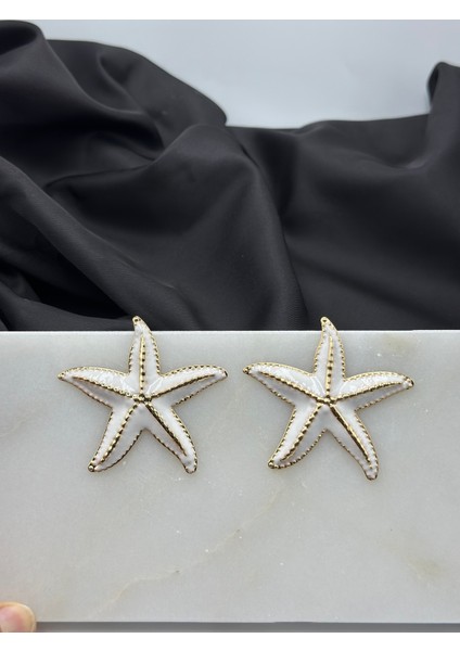 Gold Altın Detaylı Beyaz Mineli Deniz Yıldızı Konseptli Yazlık Tasarım Kadın Küpe fırsatları