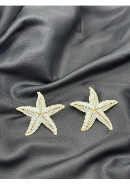 Gold Altın Detaylı Beyaz Mineli Deniz Yıldızı Konseptli Yazlık Tasarım Kadın Küpe indirimleri