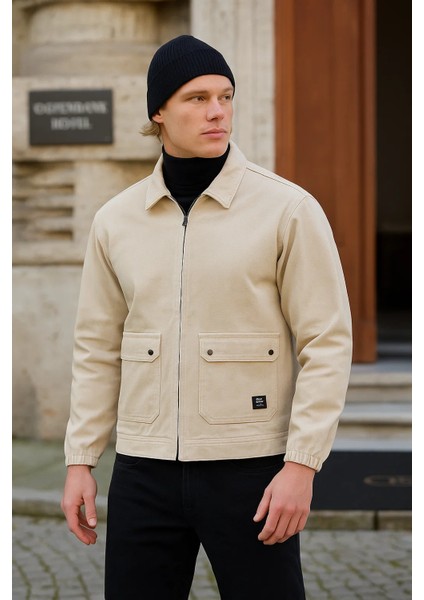 Erkek Fermuarlı Basic Cepli Krem Bol Kot Ceket