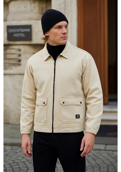 Erkek Fermuarlı Basic Cepli Krem Bol Kot Ceket fiyatları