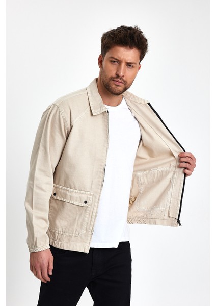 Erkek Fermuarlı Basic Cepli Krem Bol Kot Ceket fırsatları