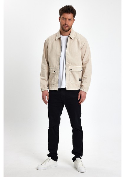 Erkek Fermuarlı Basic Cepli Krem Bol Kot Ceket indirimleri