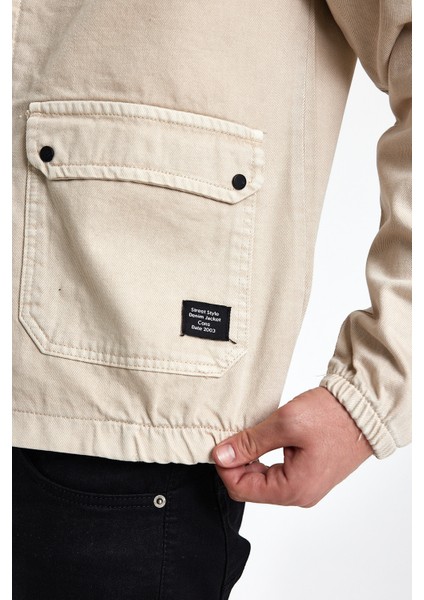 Erkek Fermuarlı Basic Cepli Krem Bol Kot Ceket