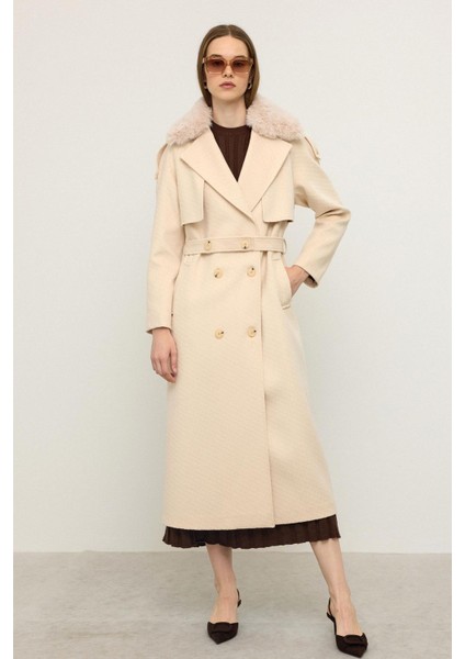 Çıkabilir Kürklü Kendinden Desenli Limited Edition Kaban Krem 3127 fiyatları