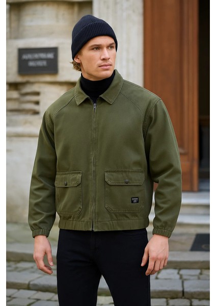 Erkek Fermuarlı Basic Cepli Haki Bol Kot Ceket