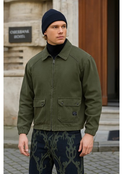 Erkek Fermuarlı Basic Cepli Haki Bol Kot Ceket fiyatları