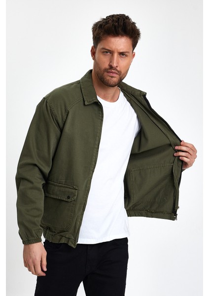 Erkek Fermuarlı Basic Cepli Haki Bol Kot Ceket fırsatları