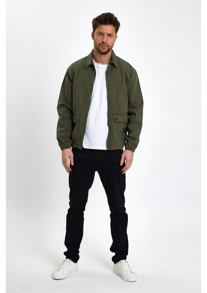 Erkek Fermuarlı Basic Cepli Haki Bol Kot Ceket indirimleri