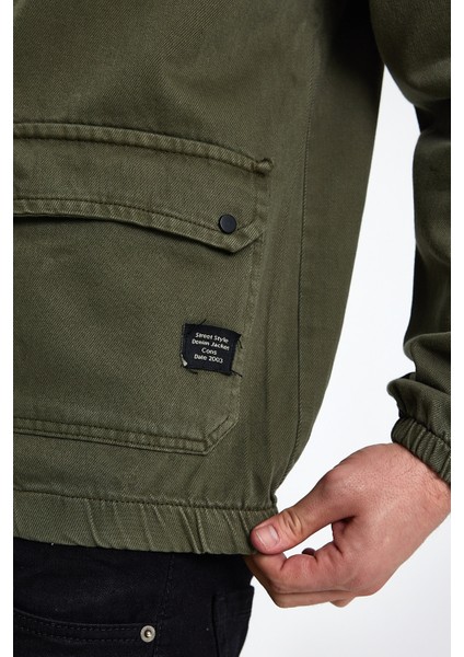 Erkek Fermuarlı Basic Cepli Haki Bol Kot Ceket