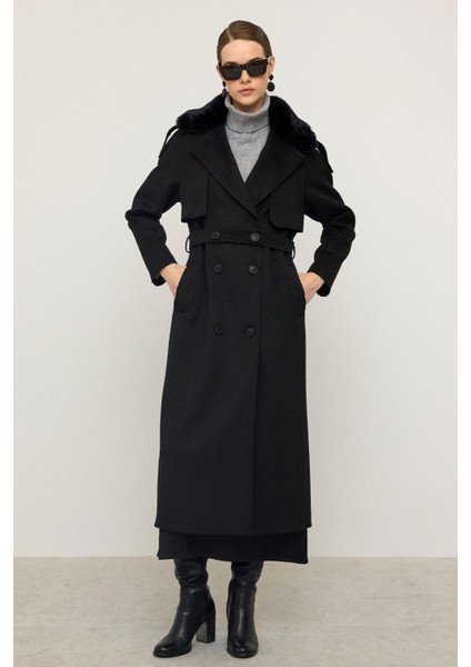 Çıkabilir Kürklü Kendinden Desenli Limited Edition Kaban Siyah 3127 fiyatları