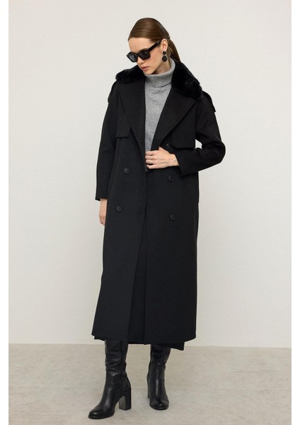 Çıkabilir Kürklü Kendinden Desenli Limited Edition Kaban Siyah 3127 fırsatları