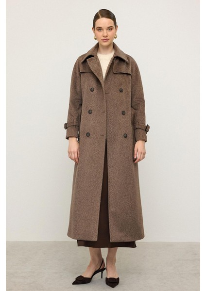 Reglan Kol Pelerin Detaylı Uzun Moher Kaban Latte 3144