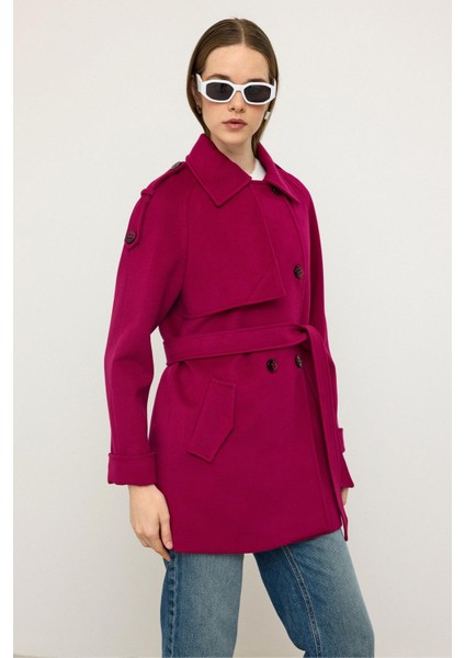 Reglan Kol Apolet ve Pelerin Detaylı Kaşmir Kaban Fuşya 3131 modelleri