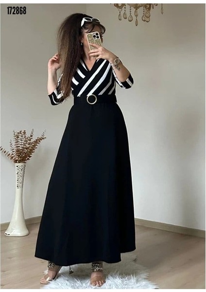 Kadın Çizgi Detay Kruvaze Yaka Maxi Boy Triko Elbise Son Görsel Hediye