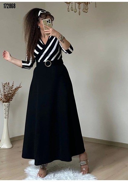 Kadın Çizgi Detay Kruvaze Yaka Maxi Boy Triko Elbise Son Görsel Hediye modelleri