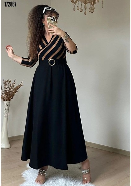 Kadın Çizgi Detay Kruvaze Yaka Maxi Boy Triko Elbise Son Görsel Hediye fırsatları